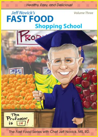Cartoon chef in grocery store illustration.