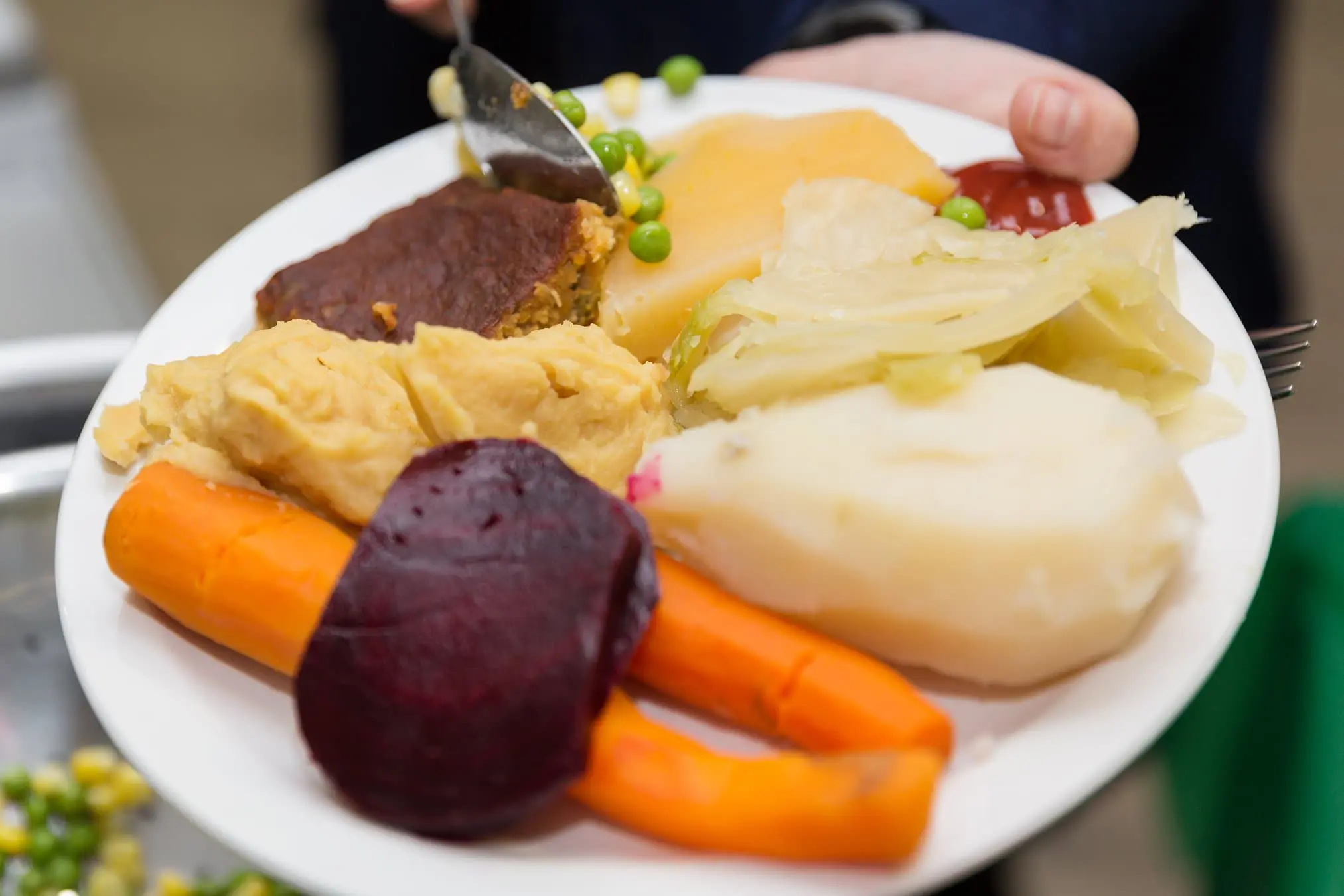 Plate with assorted vegetables and pudding.