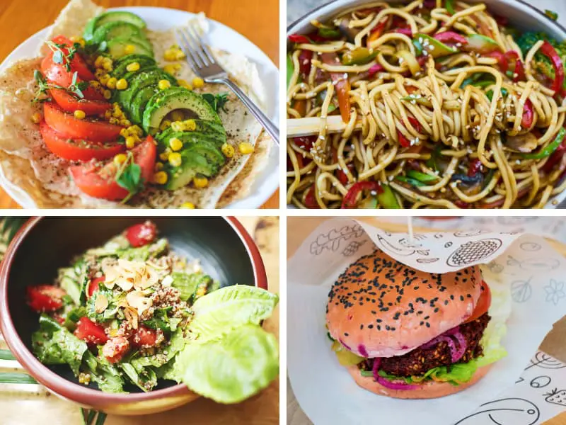 Variety of colorful vegetarian dishes and burger.