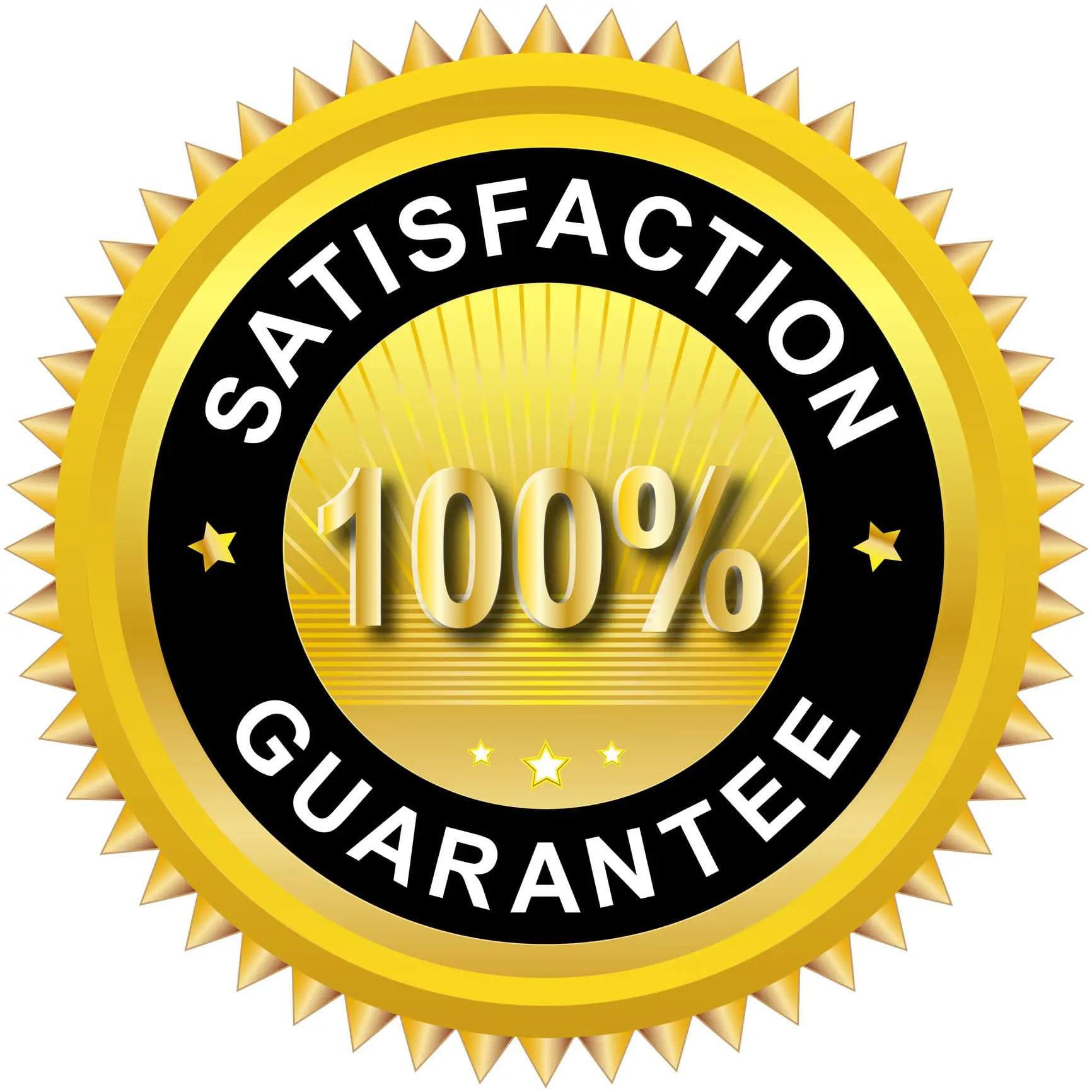 Gold satisfaction guarantee seal, 100% assurance.