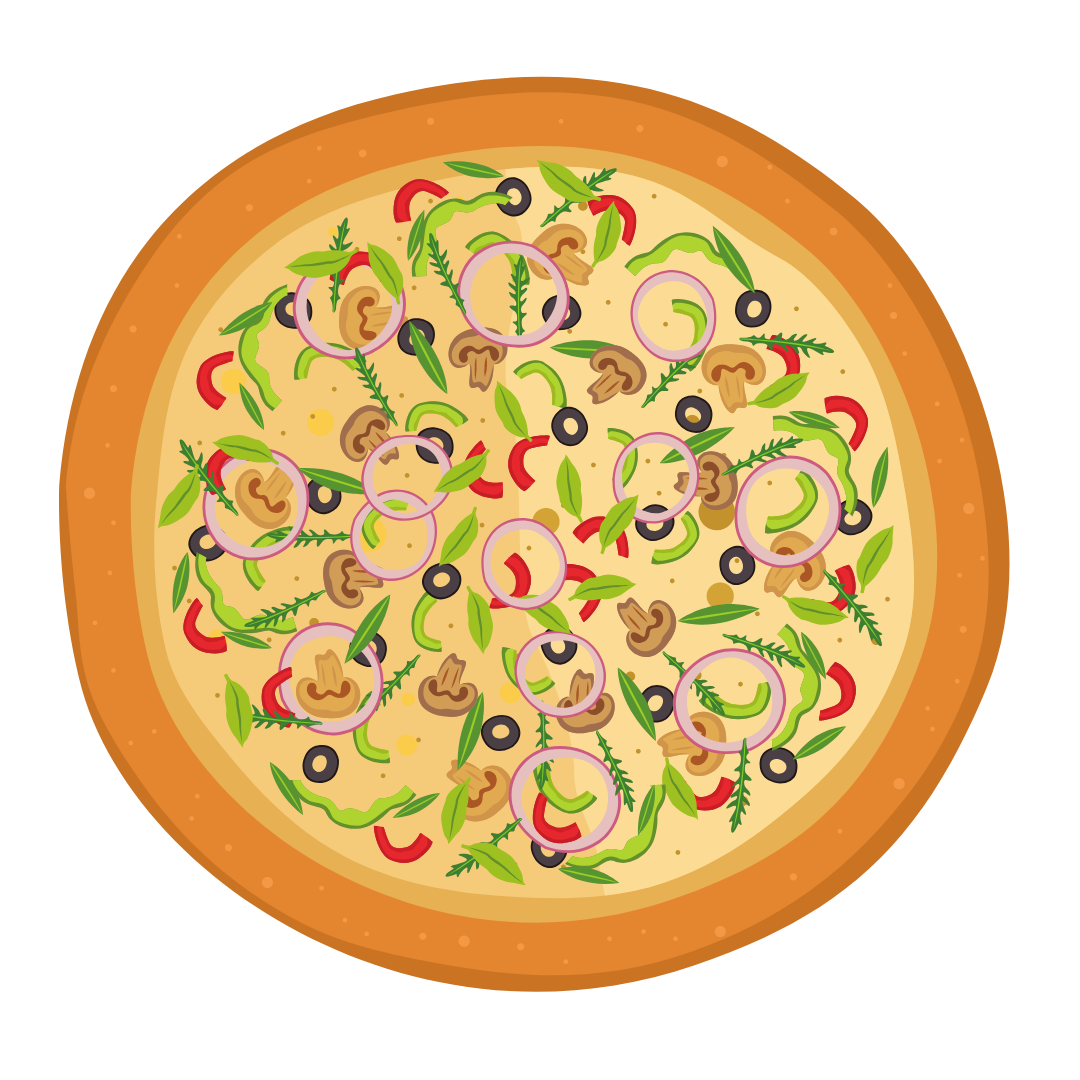 Vegetable pizza with olives and onions.