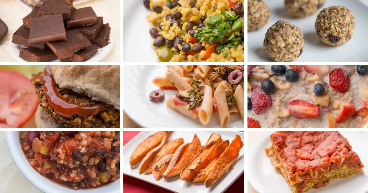 Assorted vegan dishes and snacks on plates.