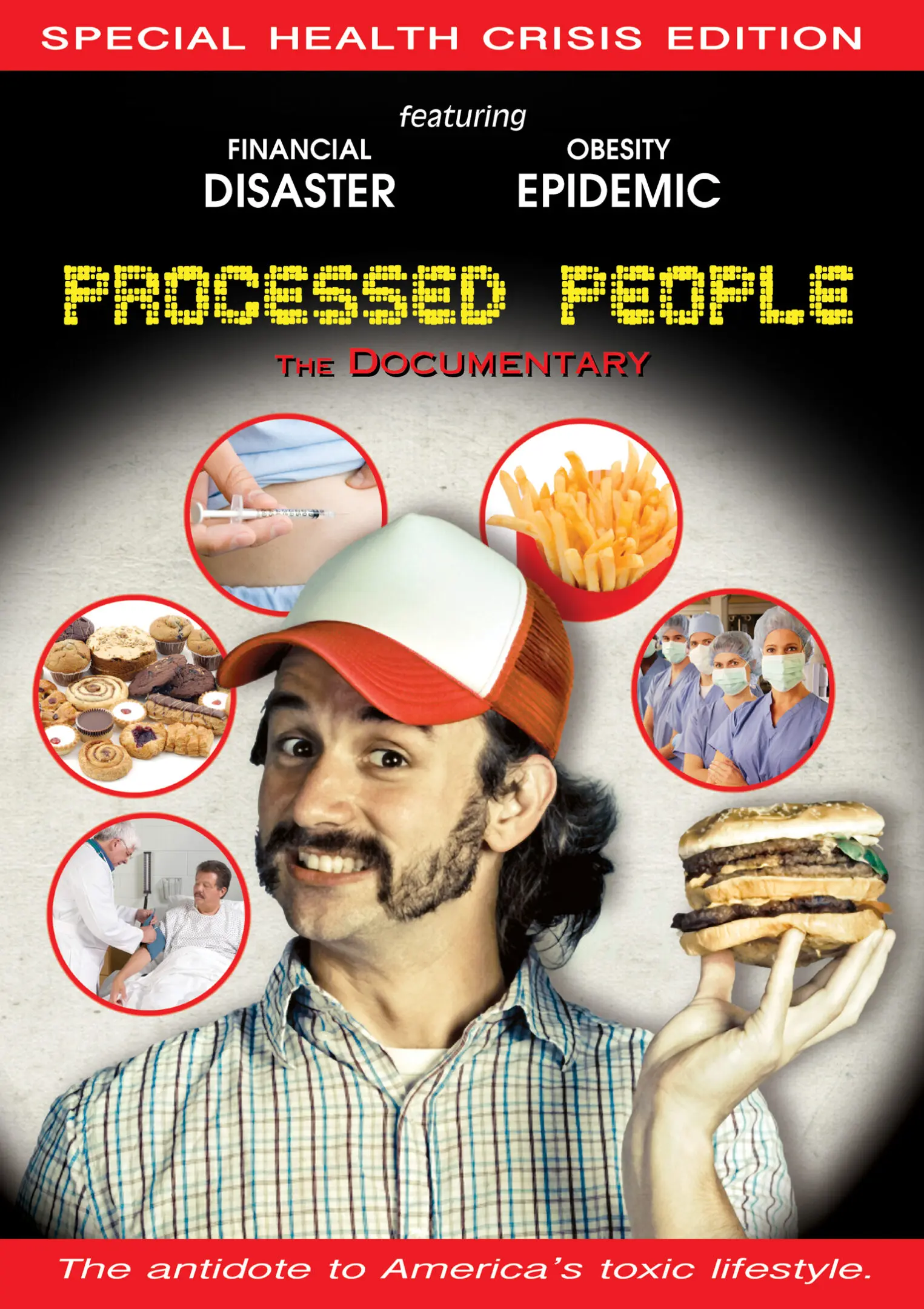 Man holding burger, unhealthy lifestyle documentary cover.