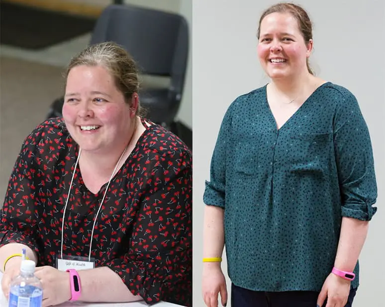 Smiling woman in two different outfits.