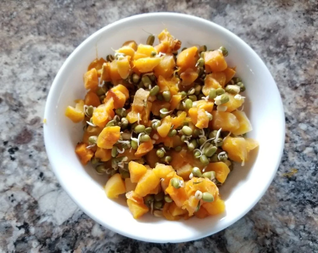 Bowl of sprouted beans and diced vegetables.