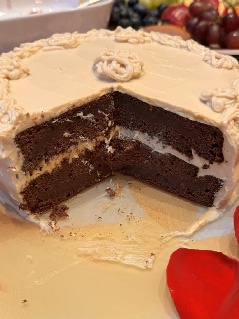 Chocolate cake with slice removed, revealing layers.