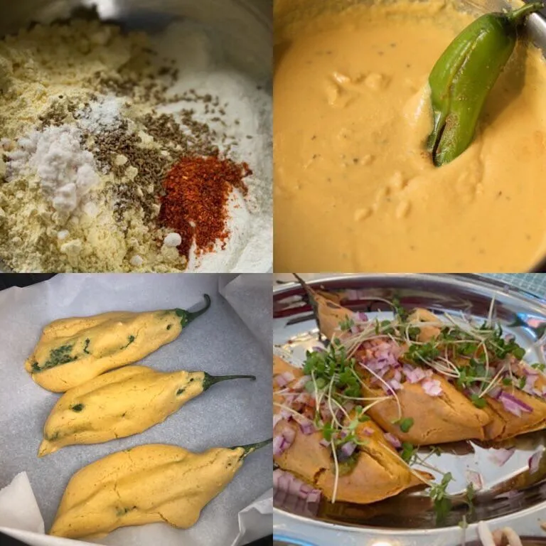 Chili preparation process with batter and garnish.