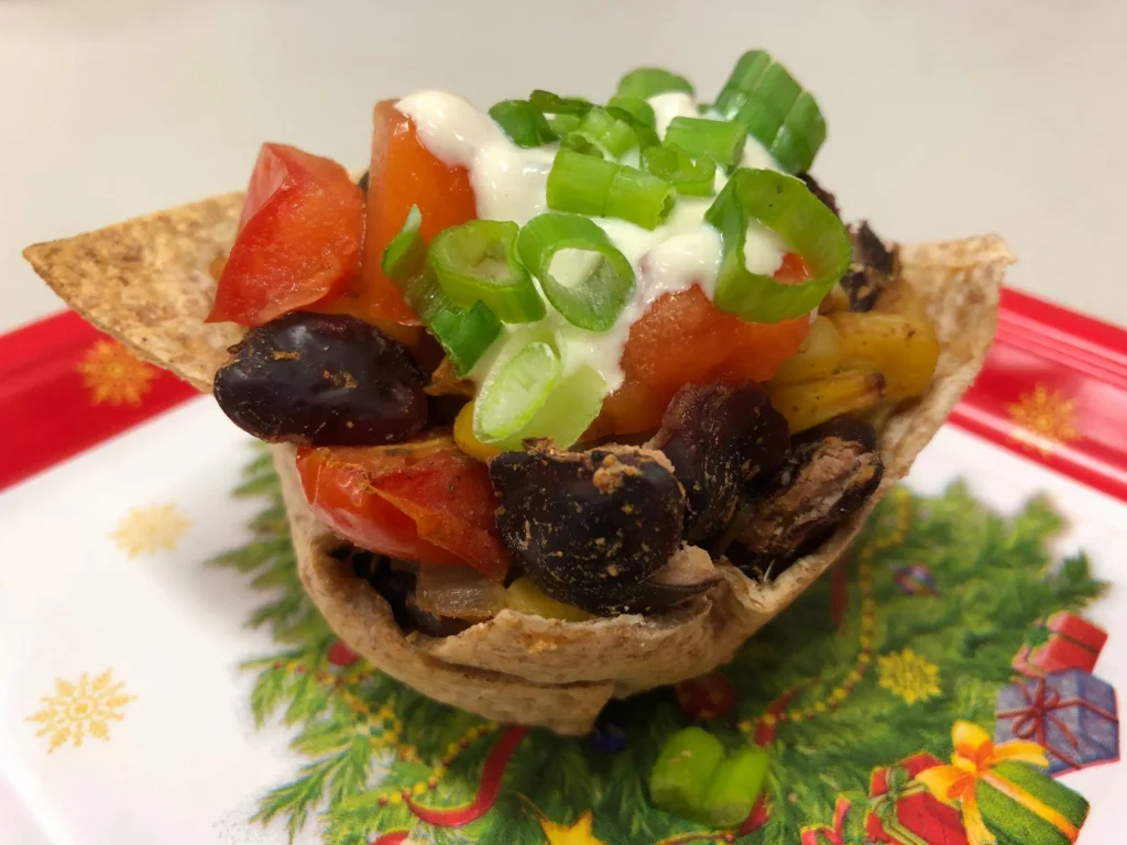 Taco bowl with beans and vegetables.
