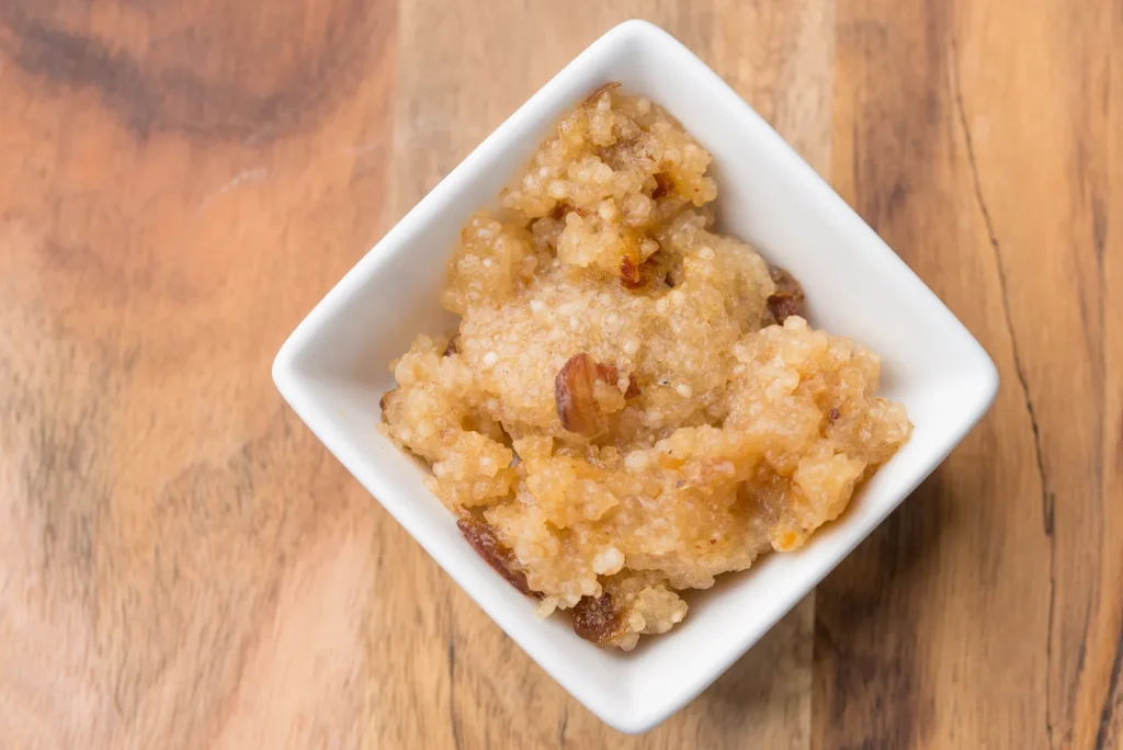 Sweet dessert in a white square bowl.